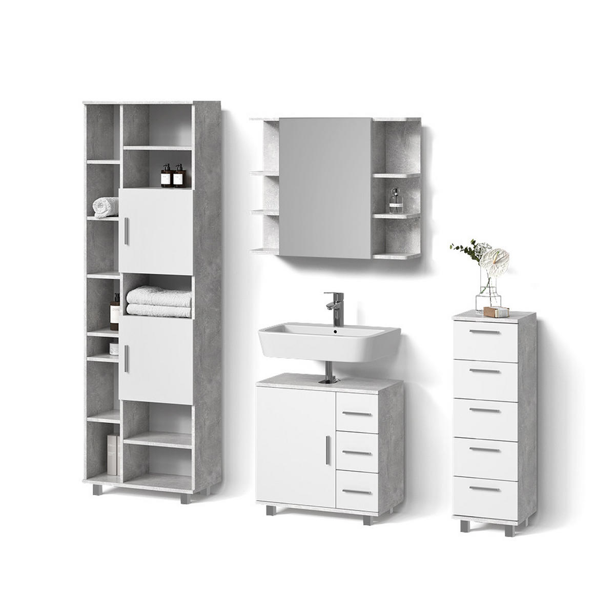 BADMÖBEL-SET Eisak Beton 4 Teile - Weiß/Grau, Holzwerkstoff (60/60/33cm) - Livinity®