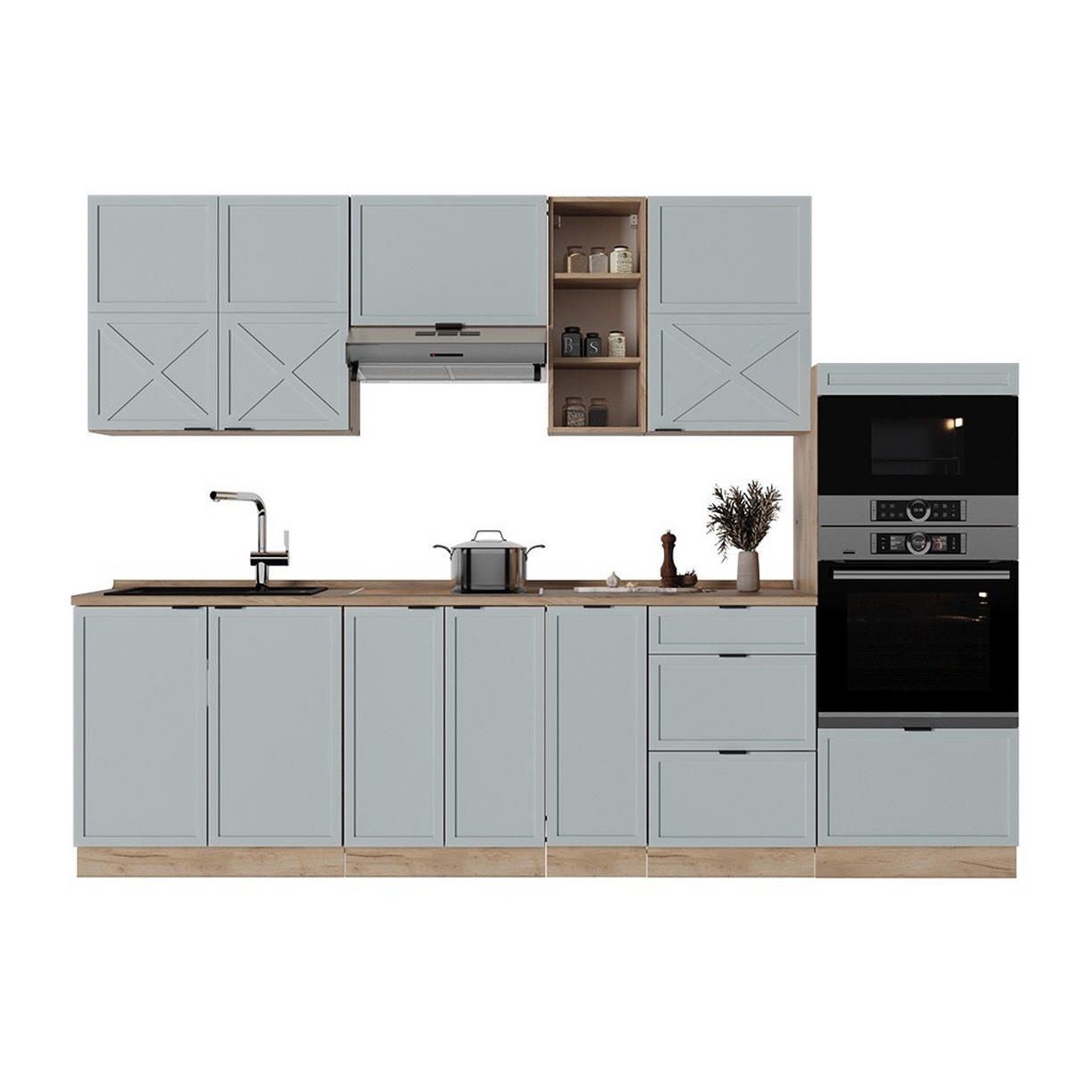 KUHINJA Fame-Line Svetlo modro-sivo/zlati hrast 280 cm brez delovne plošče - svetlo modra/medeni hrast, leseni material (280/153.6/46cm) - Vicco