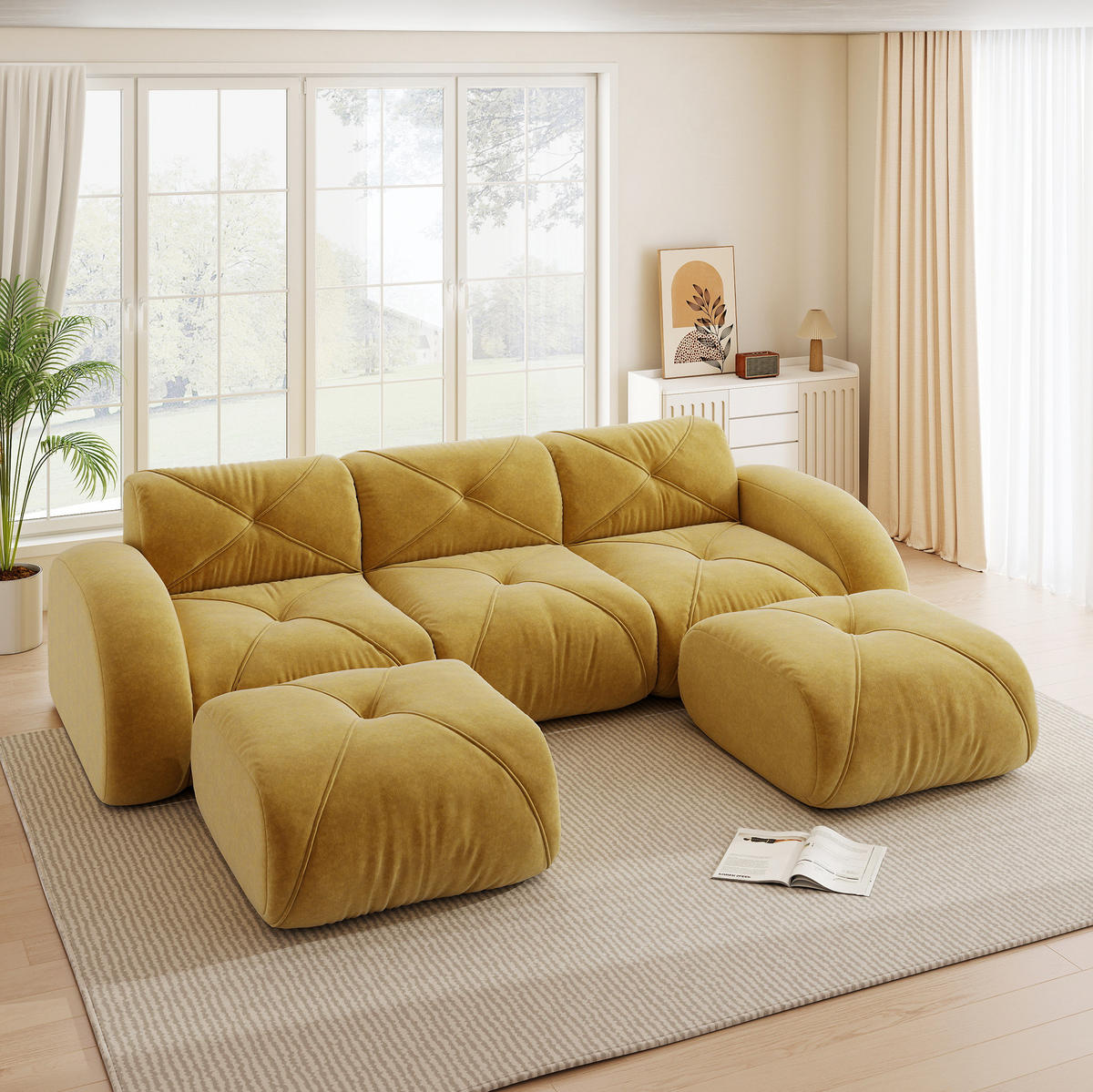 WOHNLANDSCHAFT in Gelb aus Chenille mit Hockern und rahmenlosem Design - Gelb, Textil (171/76/281cm) - Flora Grace