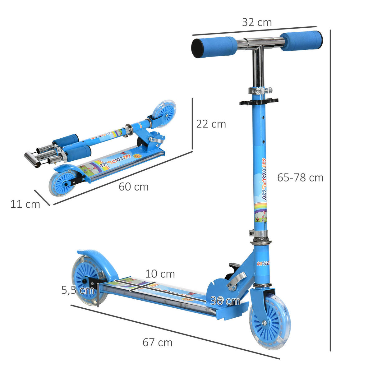 KINDERSCOOTER DE-16942 LED-Räder & Musik Blau - Blau, Metall (67/32/78cm) - ComfortXL