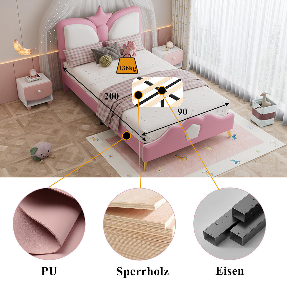ČALÚNENÁ detská posteľ z PU 208x95,5x104 cm ružovo-biela s korunkovým čelom a mäkkými ochrannými hranami - ružová, plast (90/200cm) - Modfu