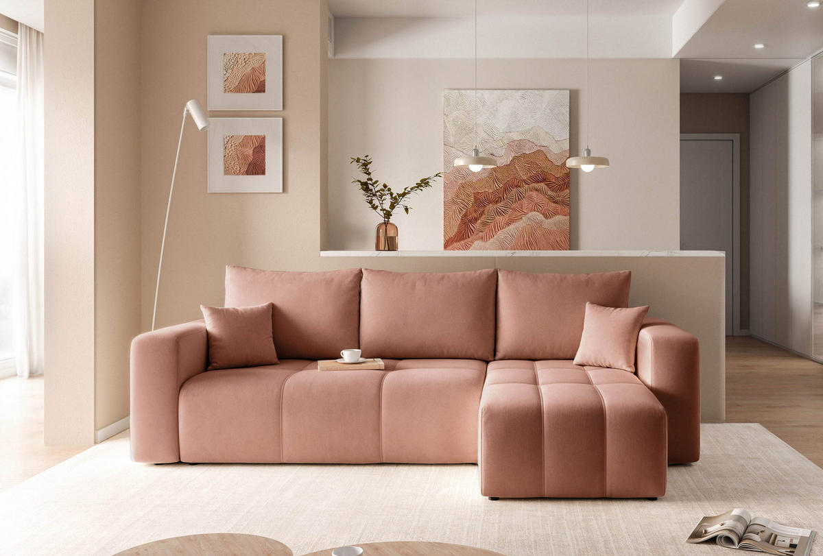ECKSOFA Puderrosa Velours mit Bettkasten und Schlaffunktion - Rosa, Textil (248/145cm) - Idohome