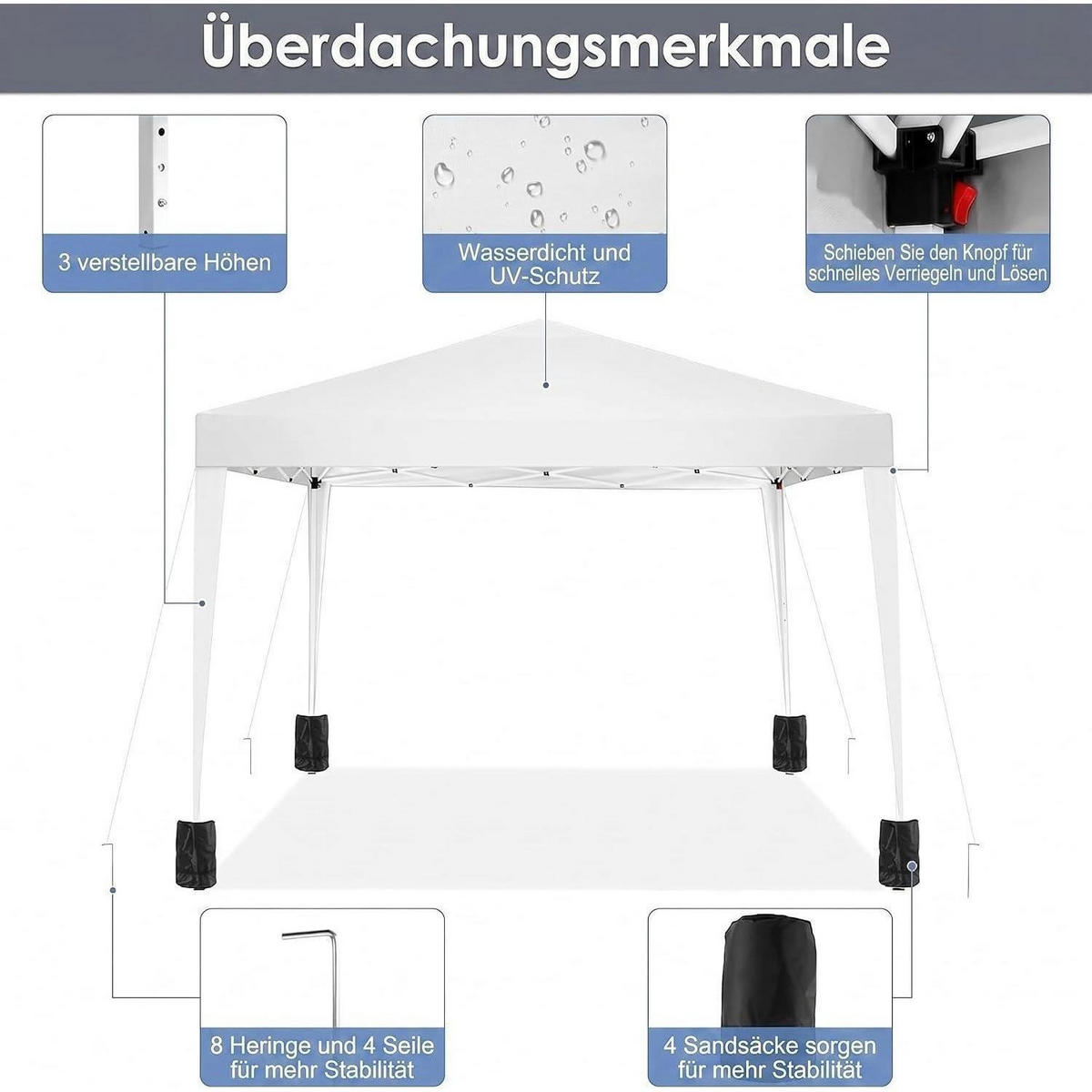 FALTPAVILLON 3x3m Weiß Wasserdicht UV-Schutz Stabil - Weiß, Textil (300/260/300cm)