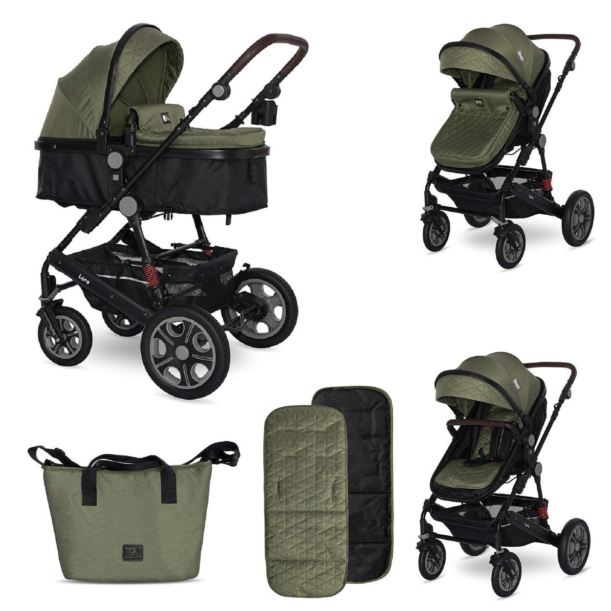 KINDERWAGEN Lora grün faltbar Gummiräder Tragetasche Sportsitz Fußabdeckung - Grün, Metall (85/68/112cm) - Lorelli