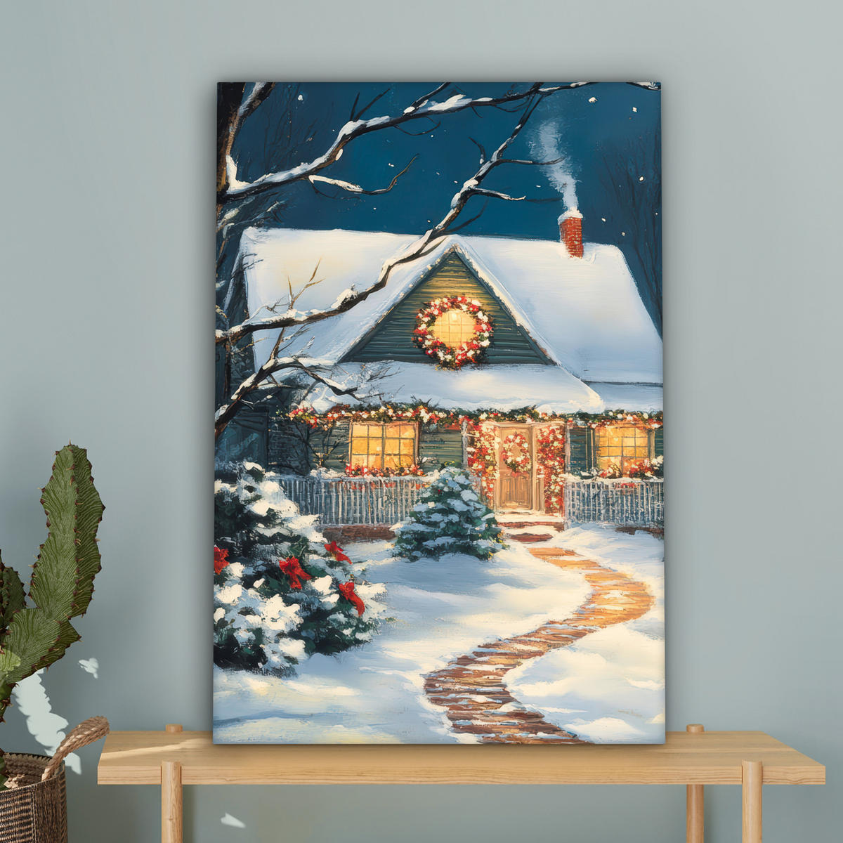 LEINWANDBILD Weihnachten - Weihnachtsbaum - Winter - Zuhause - Schnee Wanddeko Schlafzimmer 60x90 cm - Smaragdgrün, Textil (60/90cm) - MuchoWow