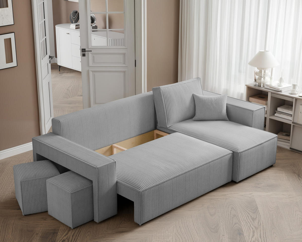 ECKSOFA PARIS mit Schlaffunktion und Bettkasten, Stoff Hellgrau - Hellgrau, Kunststoff/Textil (244/145cm) - Idohome