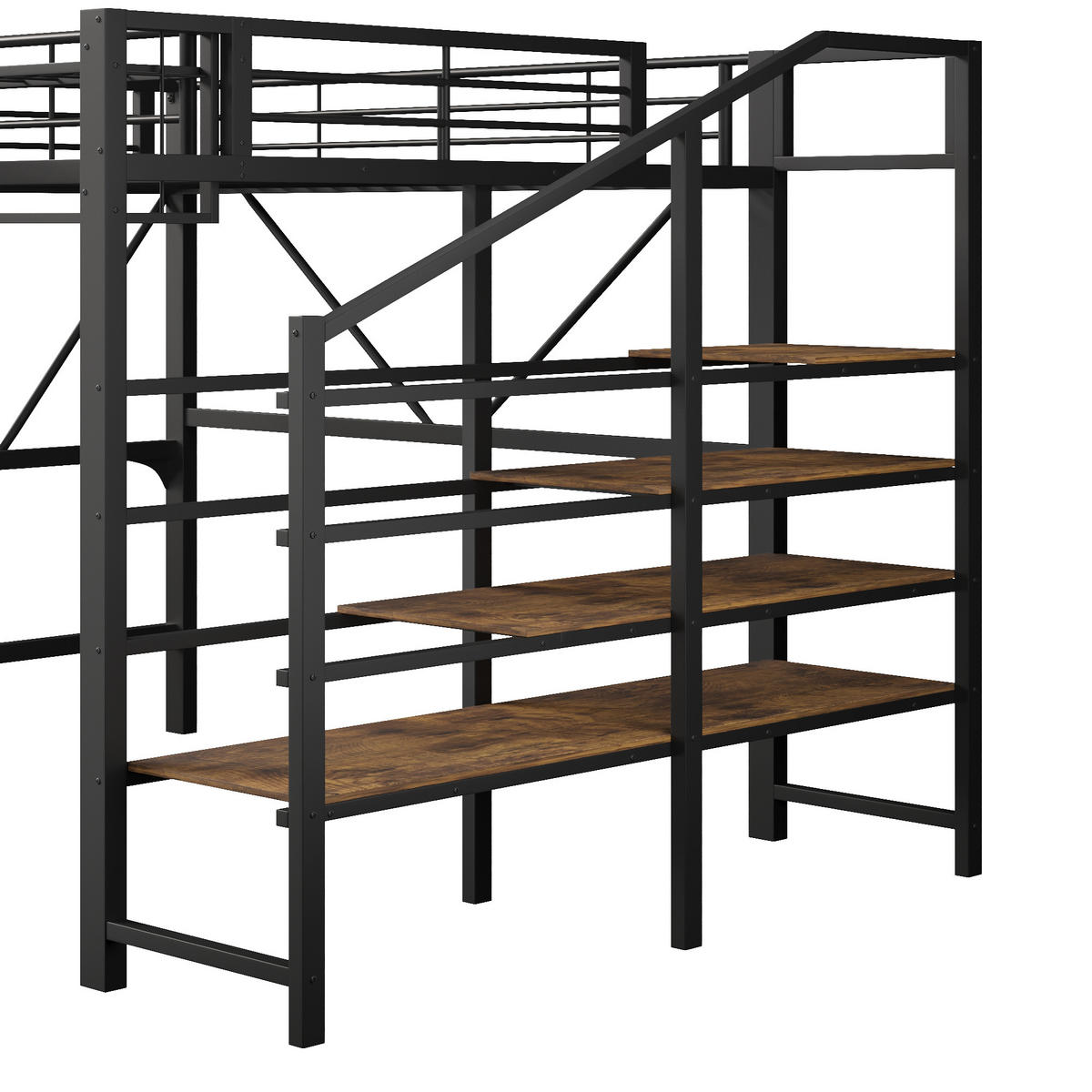 HOCHBETT 140/200 cm in Schwarz mit Stufenregal, Gitterelementen, Aufbewahrungskorb und LED aus Metall und MDF - Schwarz, Metall - STILVORA