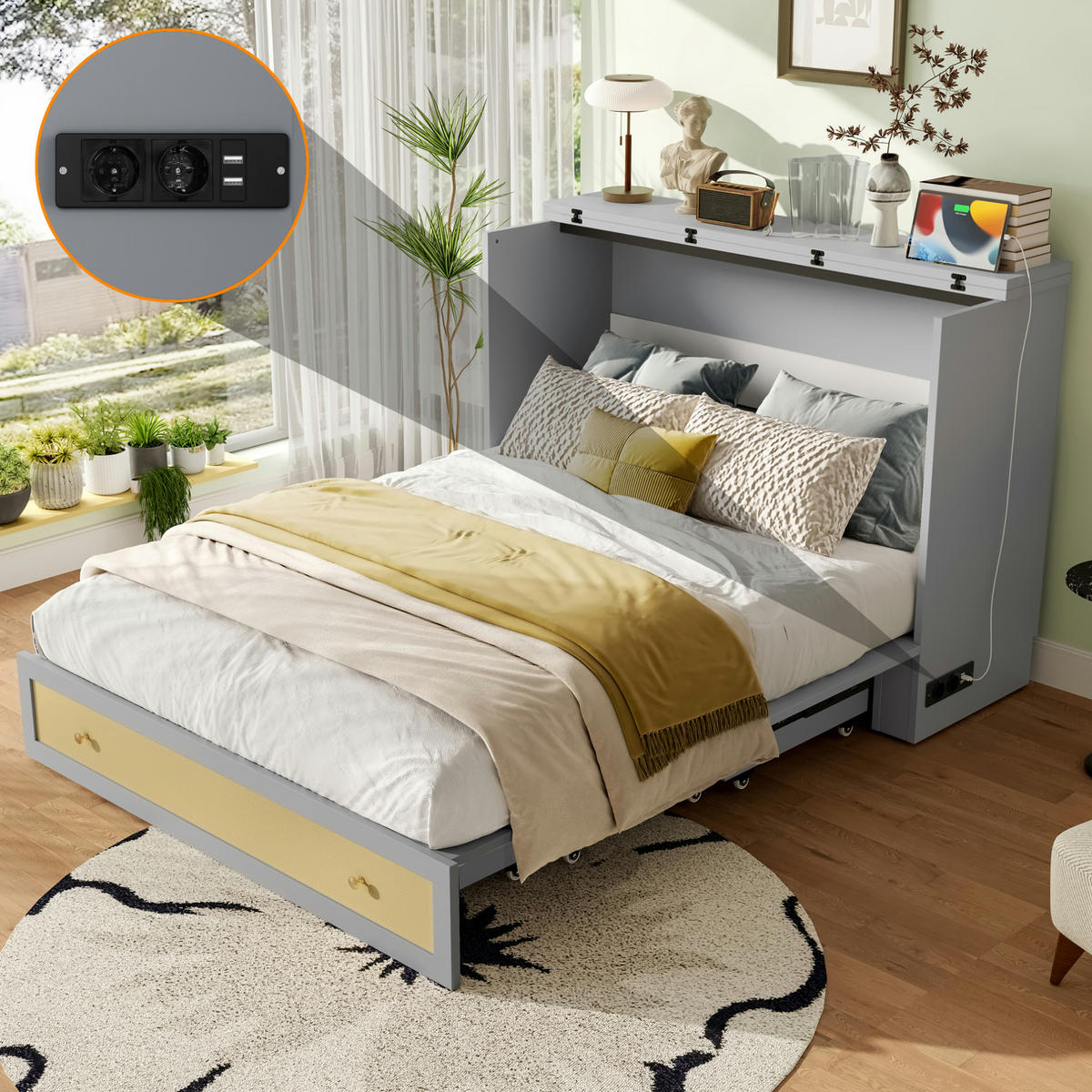 KREVET 140/200 cm s USB priključkom, utičnicom, ladicama i pretvorbom u ormar, Siva - siva, drvni materijal (140/200cm) - Redom
