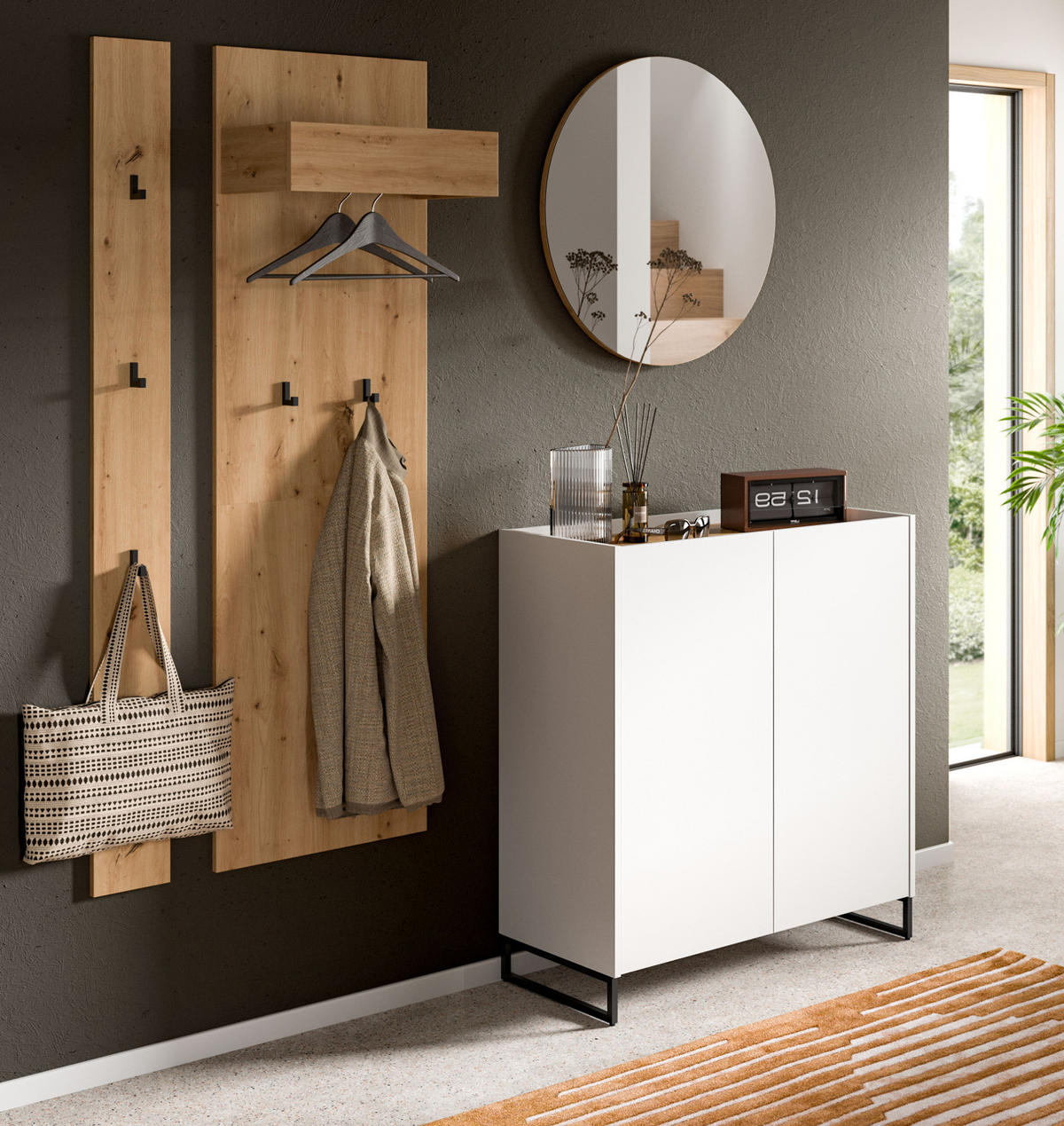 GARDEROBE-SET weiß und Artisan Eiche, Garderobe 4-teilig, 186 x 197 cm, Soft-Close, Borga - Schwarz/Weiß, Holzwerkstoff/Metall (186/197/38cm) - Inn.Furn