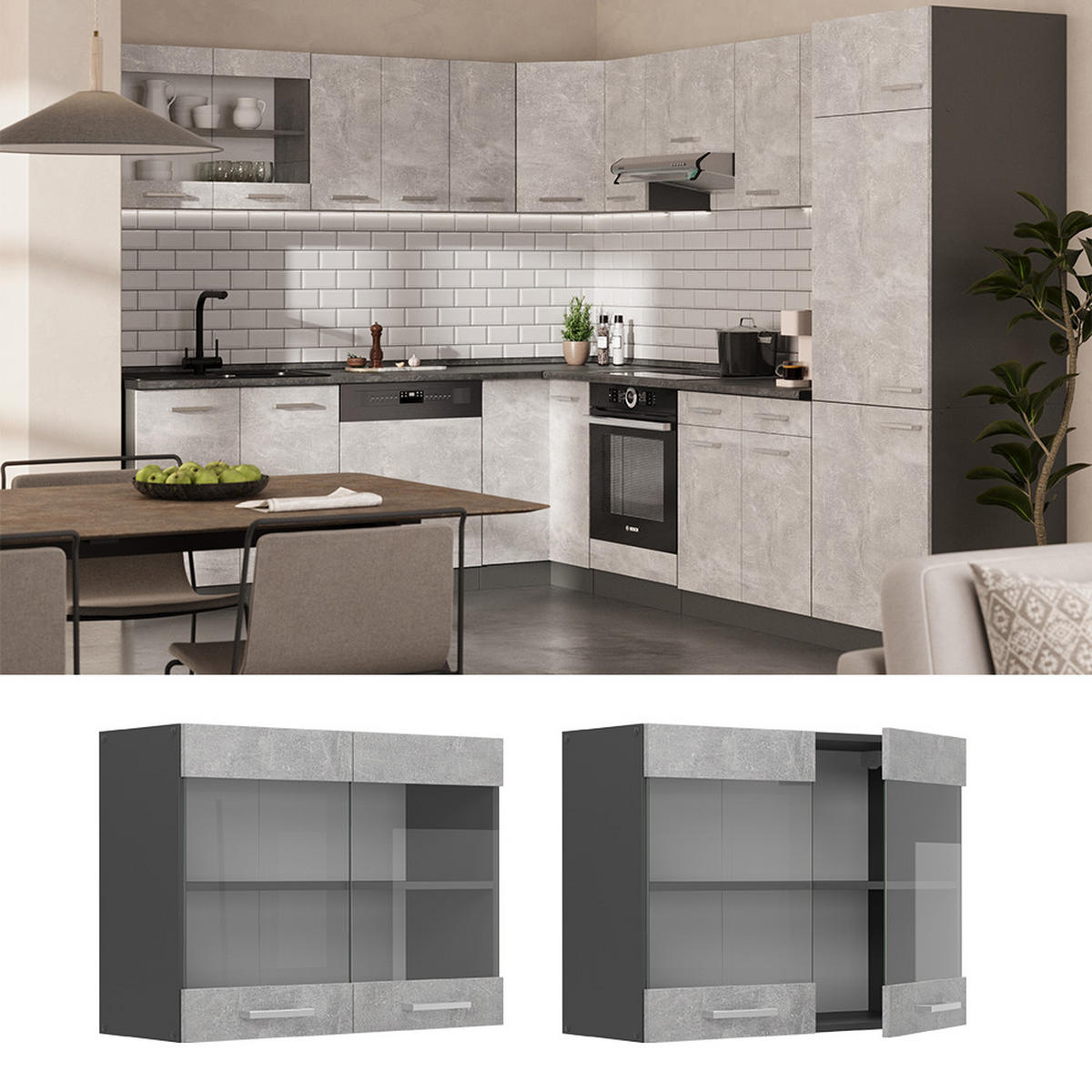 KÜCHENGLASHÄNGESCHRANK R-Line Beton 80 cm - Schieferfarben/Anthrazit, Holzwerkstoff (80/60/31cm) - Vicco