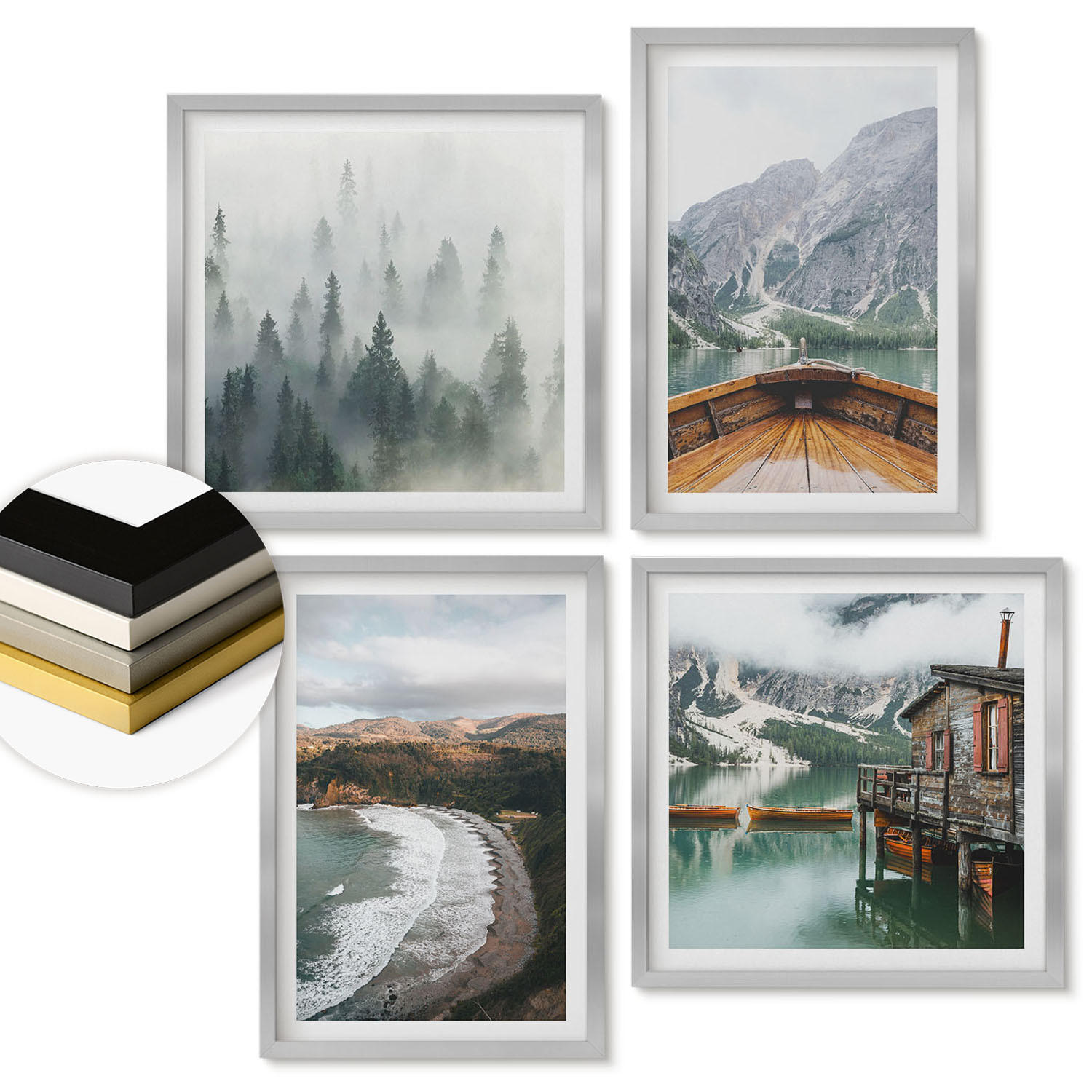 WANDBILDER 4er Set - 50x50 cm & 40x60 cm Silberner Rahmen - Berge, See, Boot, Nebel, Strand - Silberfarben, Kunststoff (50/50cm) - ArtPrintCave