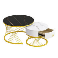COUCHTISCH 2er Set mit Schublade Marmoroptik Golddekor höhenverstellbare Füße - Schwarz, Holzwerkstoff/Kunststoff (70/70/45cm) - EVRYAE