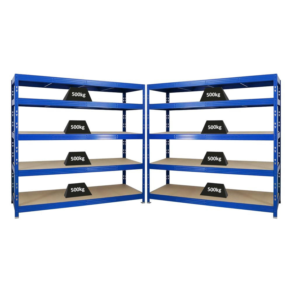 SCHWERLASTREGAL Rhino 2er-Set mit 2x 180x200x60 cm 5 Spanplatten-Ebenen 8mm Fachlast 500 kg Blau - Blau, Metall (400/180/60cm) - PROREGAL