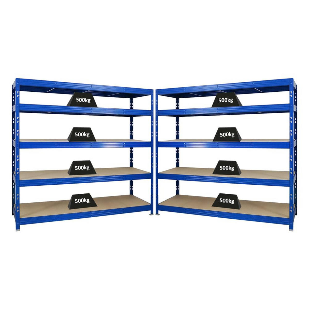 SCHWERLASTREGAL Rhino 2er-Set mit 2x 180x200x60 cm 5 Spanplatten-Ebenen 8mm Fachlast 500 kg Blau - Blau, Metall (400/180/60cm) - PROREGAL