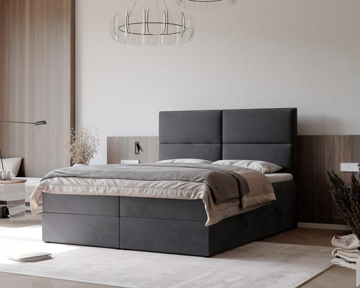 BOXBETT ORFEO 160/200 cm mit Matratze und Topper, Dunkelgrau - Anthrazit, Holzwerkstoff/Textil (160/200cm) - Idohome