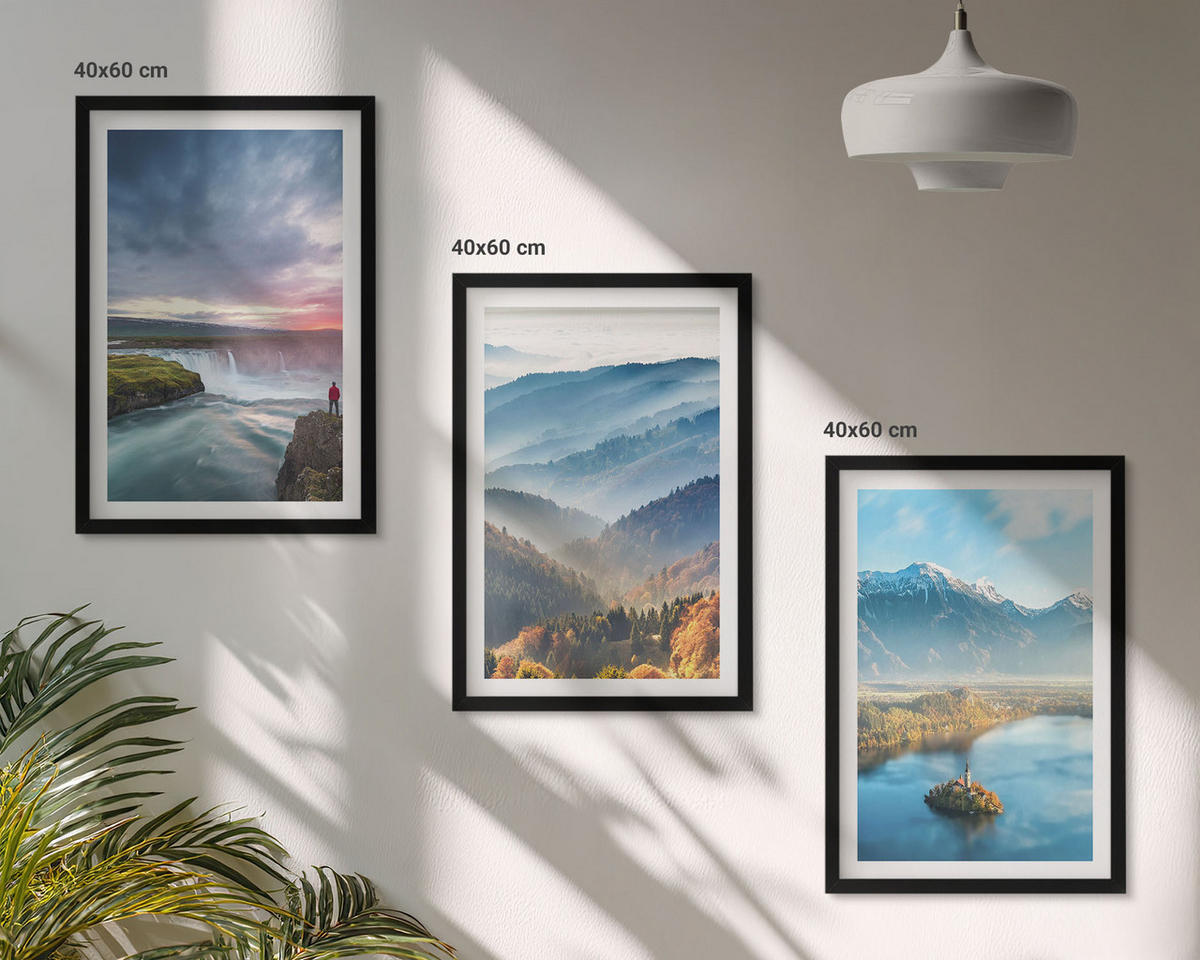 BILDER SET 3er Set - 40x60 cm Schwarzer Rahmen - Berglandschaften, Wasserfälle - Schwarz, Kunststoff (40/60cm) - TULUP