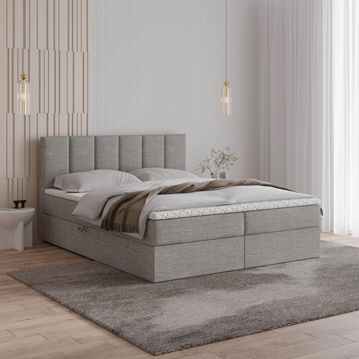 POSTEL BOXSPRING MERIL 160x200 cm, s matrací a úložným prostorem, světle šedá - světle šedá, kompozitní dřevo/textil (160/200cm) - MASSENO