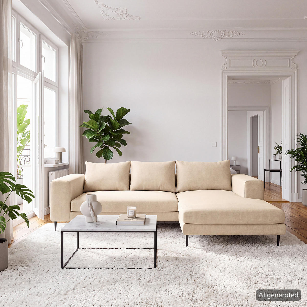 ECKSOFA mit Longchair Small - Beige/Schwarz, Textil/Metall (275/170cm) - home24