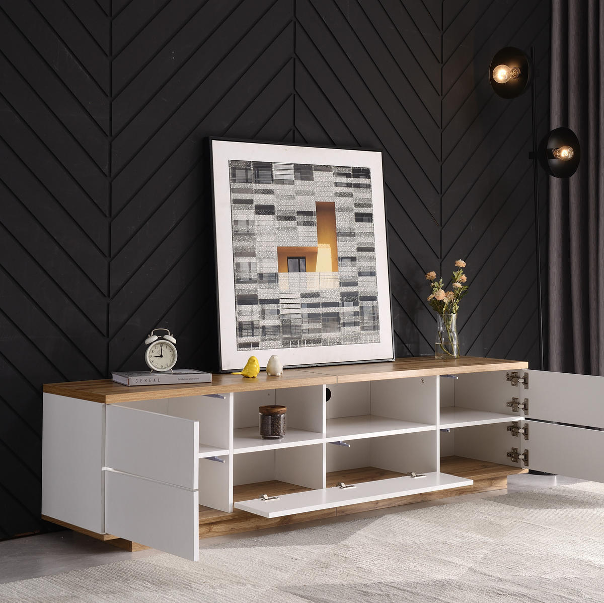 TV-LOWBOARD aus MDF 180x38x46 cm Weiß/Holzfarben mit 5 Türen und 2 offenen Fächern im Gitterdesign - Weiß, Holzwerkstoff (180/46/38cm) - Modfu