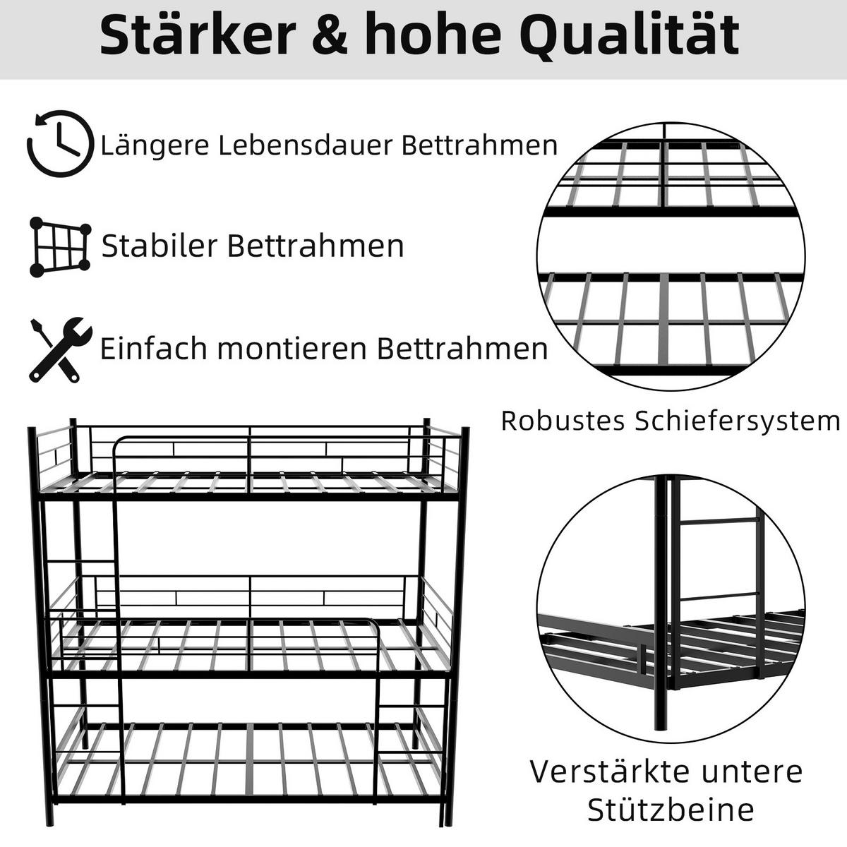 DREIFACH-ETAGENBETT 90/180 cm schwarz aus Metall mit Leitern und Geländer - Schwarz, Metall (90/190cm) - OKWISH