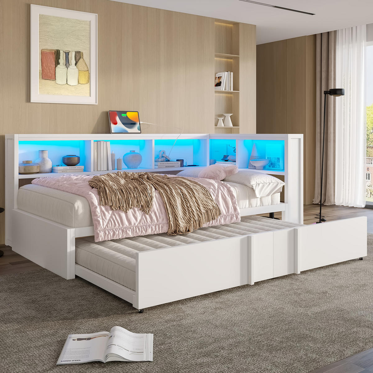 RAHMENBETT 90x200cm, Metall, Ausziehbett, Stauraum, LED, USB, Weiß - Weiß, Holzwerkstoff (90/200cm)