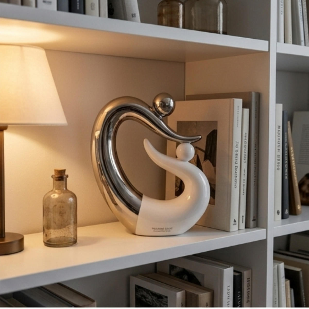 SKULPTUR Keramik 34x28cm, Paar Figur, Silber Weiß, Dekofigur, Wohnzimmer, Büro, Geschenk, Sammler, Moderne Statue, Wohnung Deko, Dekoration, Kunst - Weiß/Nickelfarben, Keramik (28/15/30cm) - Gilde