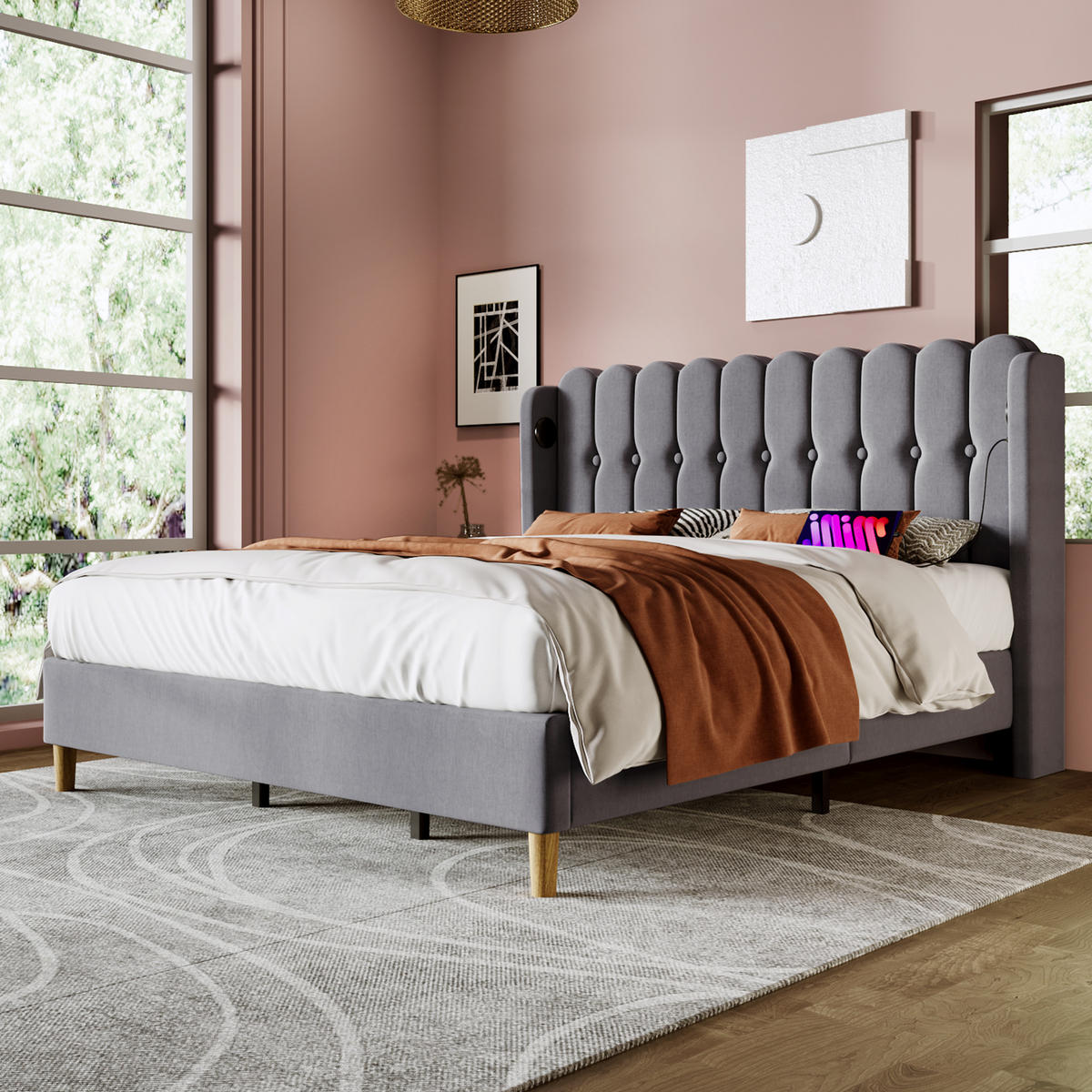 POLSTERBETT 180/200 cm in Grau Leinen mit USB Typ C Ladefunktion - Grau, Holz/Textil (180/200cm) - KOMHTOM