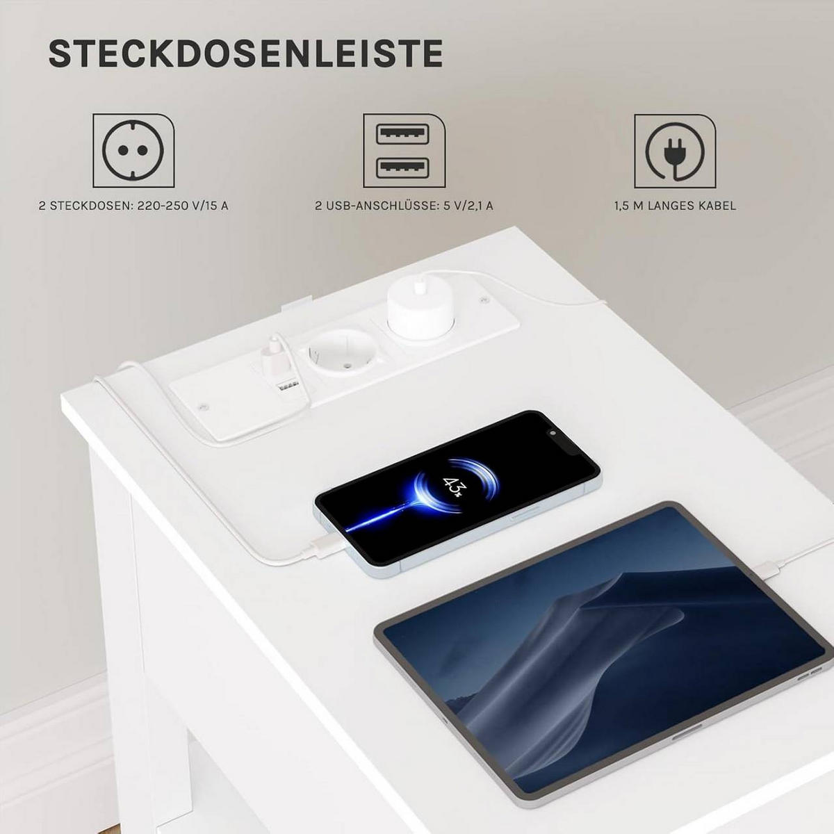 NACHTTISCH mit Ladefunktion, 2 Steckdosen, 2 USB-Anschlüssen - Weiß, Holzwerkstoff (30/65/45cm) - Woltu