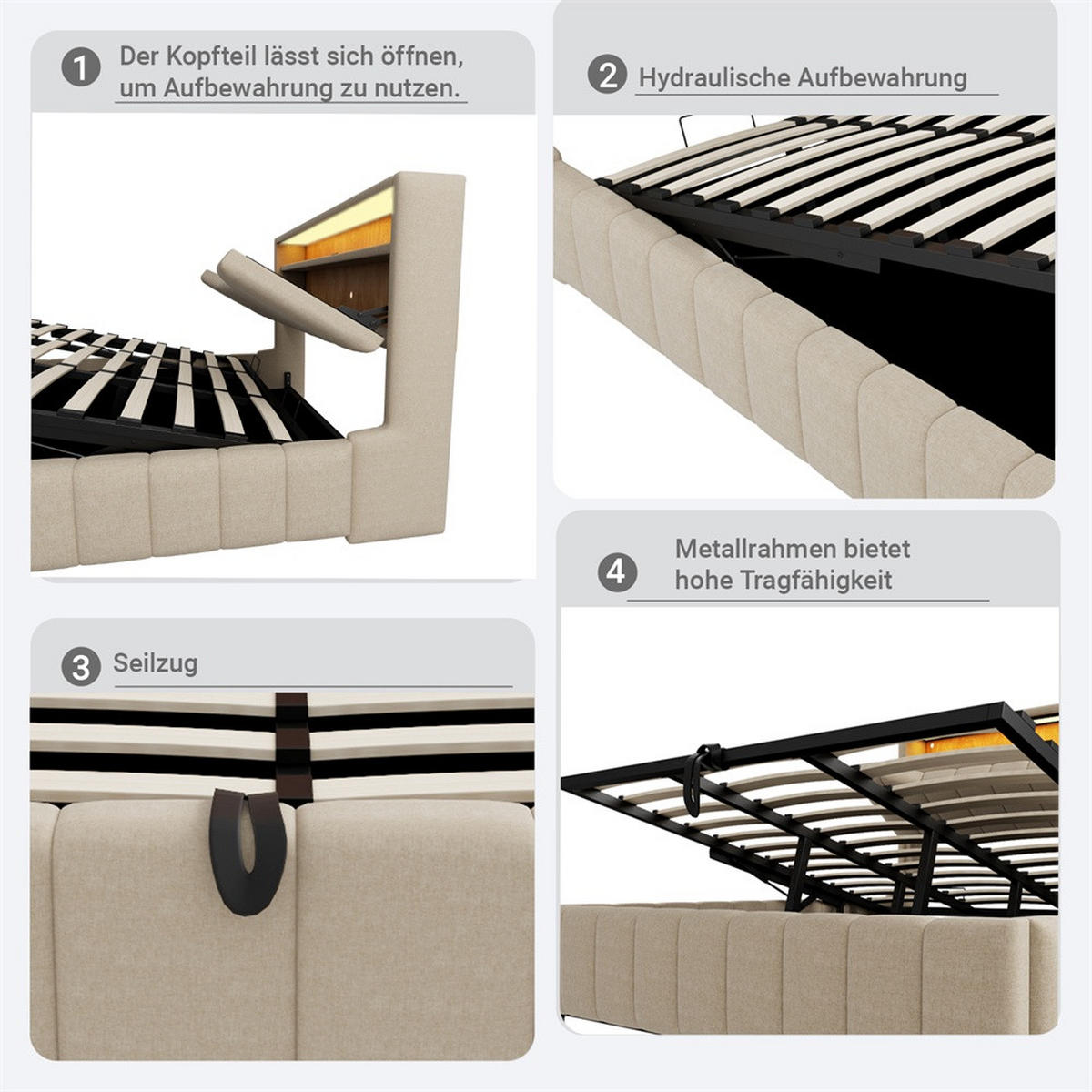 POLSTERBETT 140x200 cm mit hydraulischem Stauraum - klappbarem Kopfteil, LED & USB - Beige - ohne Matratze - Beige, Textil (140/200cm) - DELFA