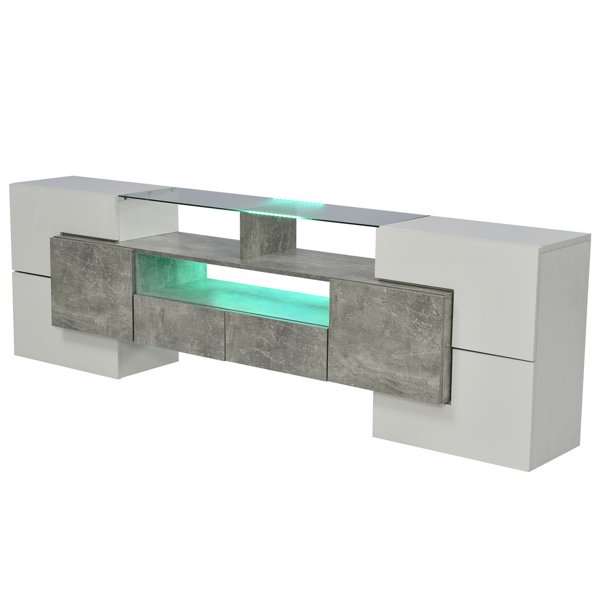 TV-ELEMENT200CM HochglanzWeiß BetonOptik LEDBeleuchtung Glasoberfläche - Grau, Holz (44.5/16.5/163.5cm) - Raelunyi