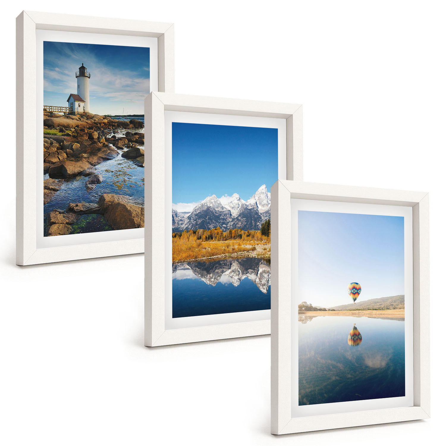 BILDER SET 3er Set - 20x30 cm Weißer Rahmen - Naturansichten, Leuchtturm, Berge, Ballonfahrt - Weiß, Kunststoff (20/30cm) - TULUP