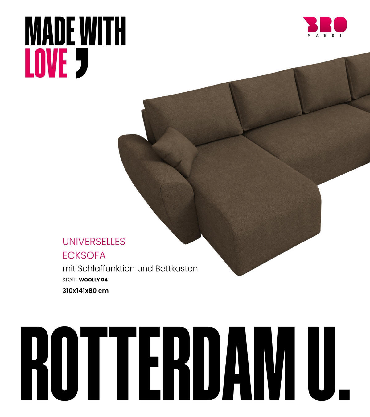 WOHLANDSCHAFT Rotterdam U mit Schlaffunktion Braun Bouclé - Braun, Textil (310/80/141cm) - Bromarkt