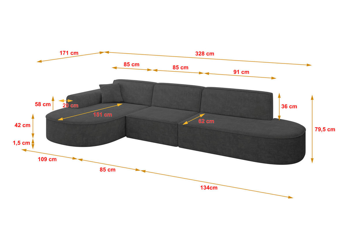 ECKSOFA Ottomane Links MARI-L2 - 328x171x79 cm Dunkelgrau Velours - Dunkelgrau/Schwarz, Holzwerkstoff/Kunststoff (328/171cm) - ALTDECOR