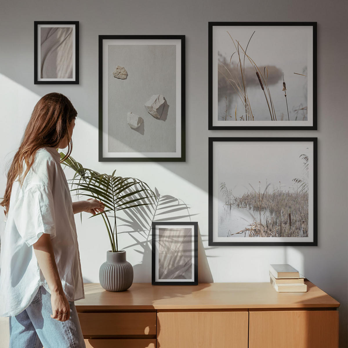 WANDBILDER 5er-Set - 50x50 cm & 20x30 cm & 40x60 cm Schwarzer Rahmen - Nahaufnahmen der Struktur im Boho-Stil - Schwarz, Kunststoff (40/60cm) - ArtPrintCave
