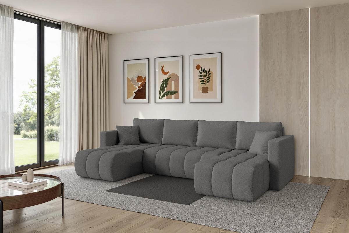 SEDACÍ SOUPRAVA DO U s funkcí spaní a úložným prostorem GARD-U 300x146x85 šedá bouclé - šedá/černá, kompozitní dřevo/textil (300/85/146cm) - ALTDECOR