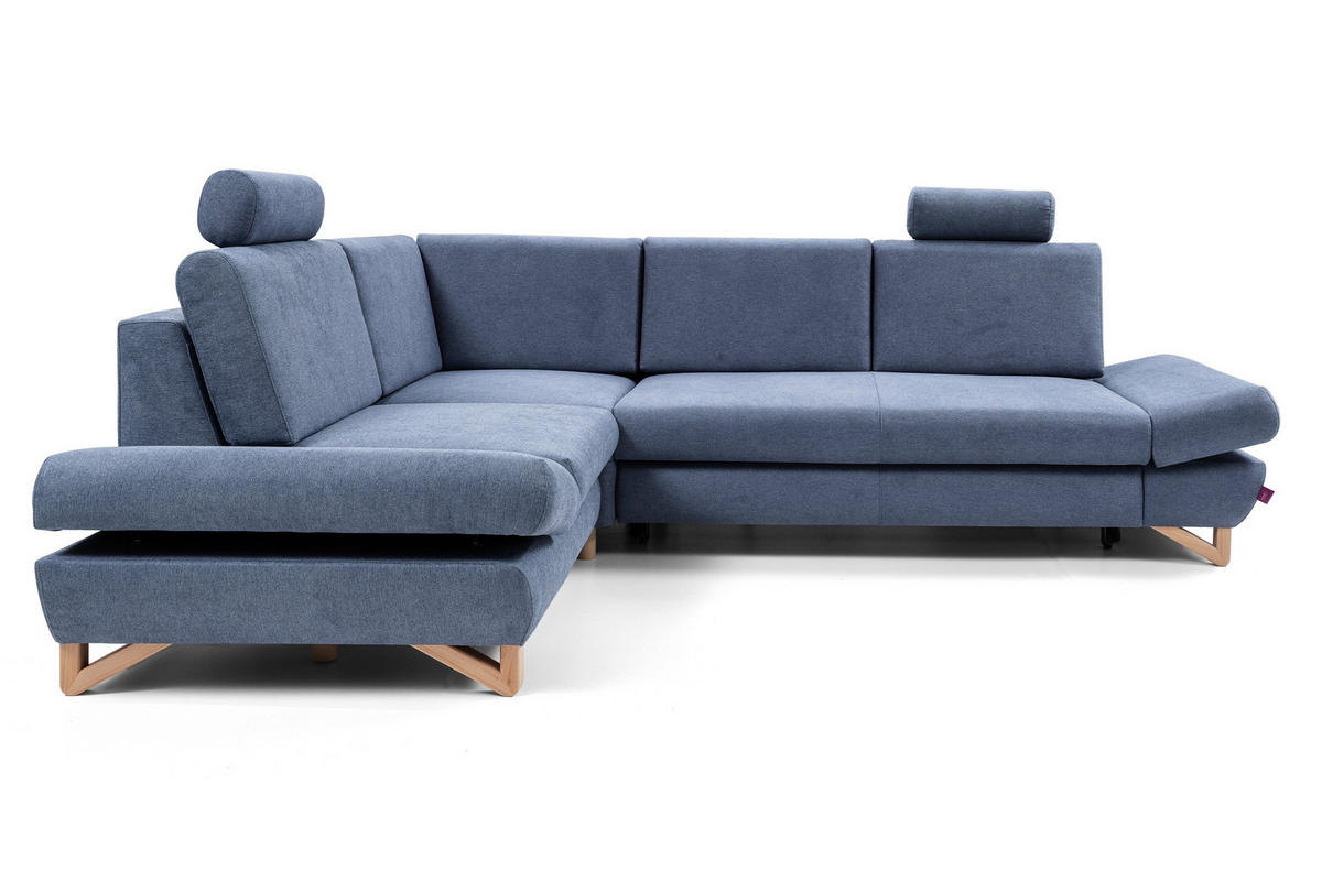 ECKSOFA CASA II L-S Blau Plüsch-Stoff mit Schlaffunktion - Blau, Holz (272/199cm) - MASSENO