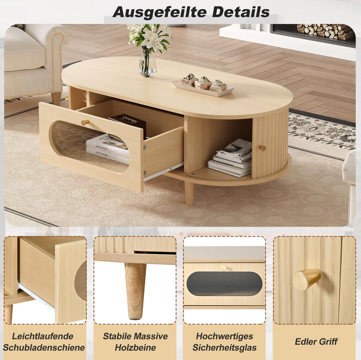 COUCHTISCH 100/50/36 cm Holzfarbe aus MDF mit Schublade und Rolltür - Eichefarben, Holzwerkstoff (100/50/36cm) - OKMYHOME