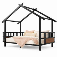 KINDERBETT 90/200 mit Sicherheitsgitter, Dachdesign und Metallrahmen in Schwarz - Schwarz, Metall (90/200cm) - EVRYAE