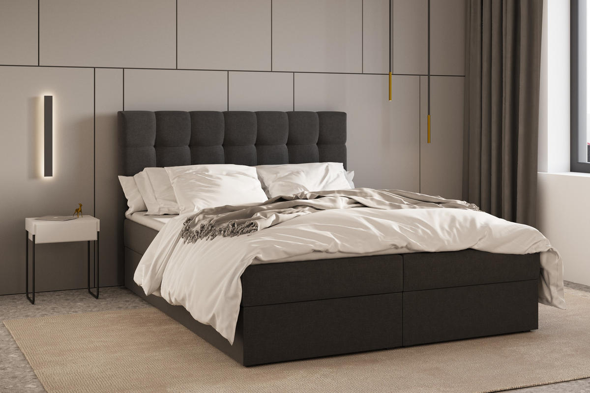 BOXBETT - Bett 05 OSLO - Hugo - 140x200 cm - mit Bettkasten und Waschbarem Topper - Schwarz, Holz (140/200cm) - ROYAL24_MARKT