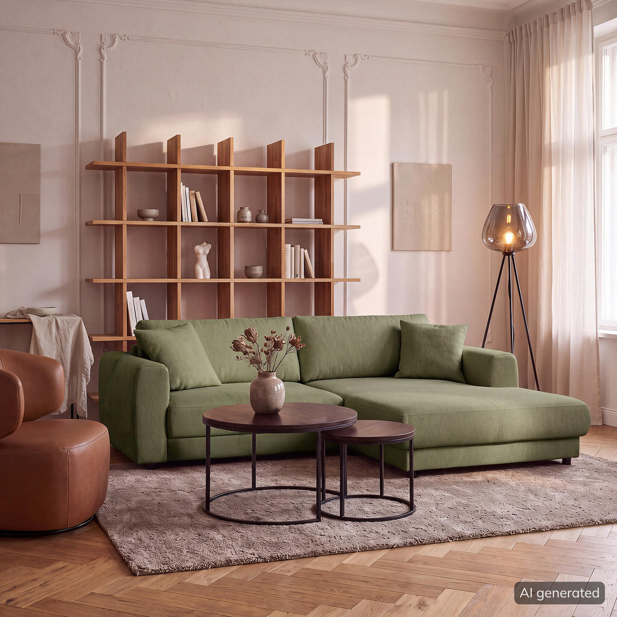 ECKSOFA mit Longchair - Schwarz/Grün, Holz/Kunststoff (238/183cm) - home24