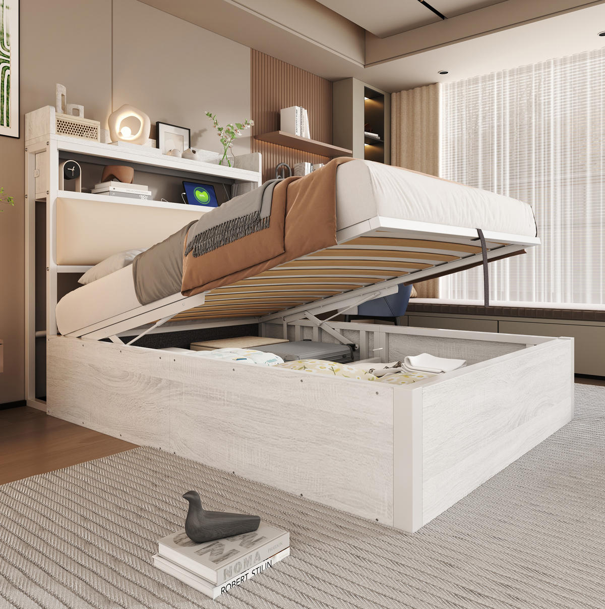 ČALÚNENÁ posteľ 90/200 cm biela s úložným priestorom USB a hydraulickým zdvihom z kovu MDF a tkaniny - biela, kov (90/200cm) - OKWISH