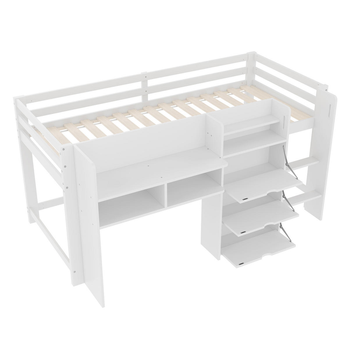 HALBHOHES BETT 90/200 cm, Weiß mit Stauraum und Regalen - Weiß, Holz (90/200cm) - MIVRAY