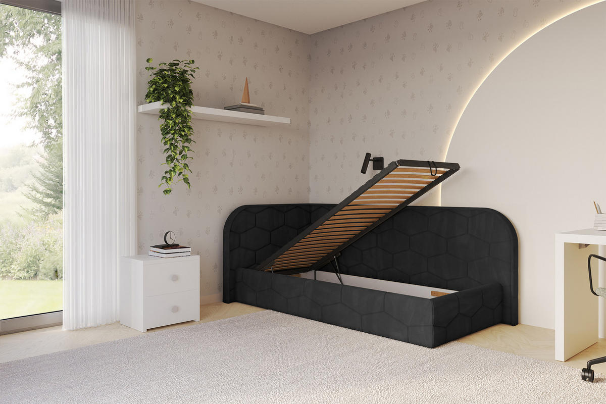 EINZELLBETT Jugendbett mit Bettkasten und Matratze H3/H4, Rechts - JAXY 90x200 Schwarz - Anthrazit, Holzwerkstoff/Textil (90/200cm) - ALTDECOR
