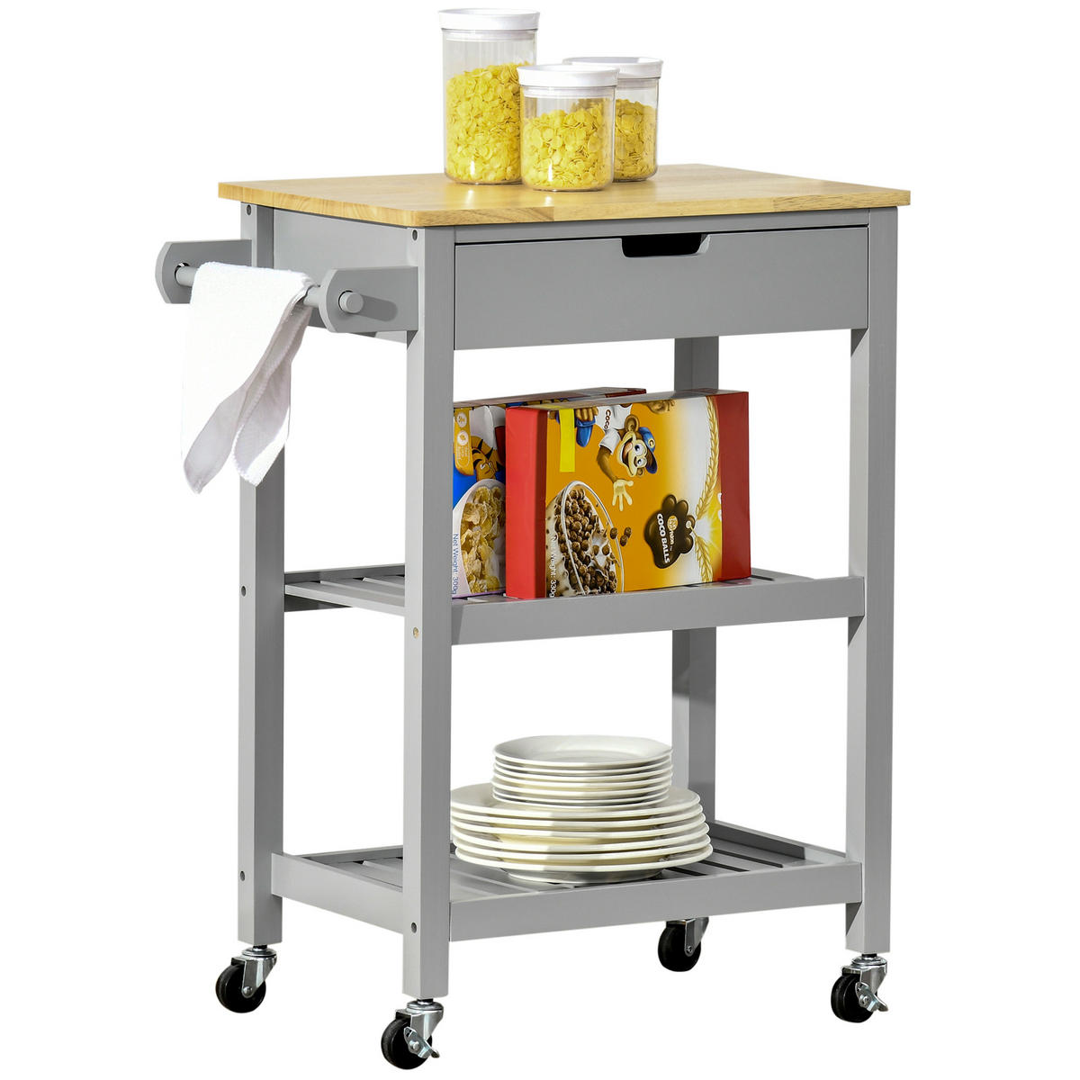 KÜCHENWAGEN, Rollwagen mit Gummibaumholz-Arbeitsplatte, 2 Ablagen und 1 Schublade - Multicolor, Metall (66.5/84.5/40cm) - FORIOUS