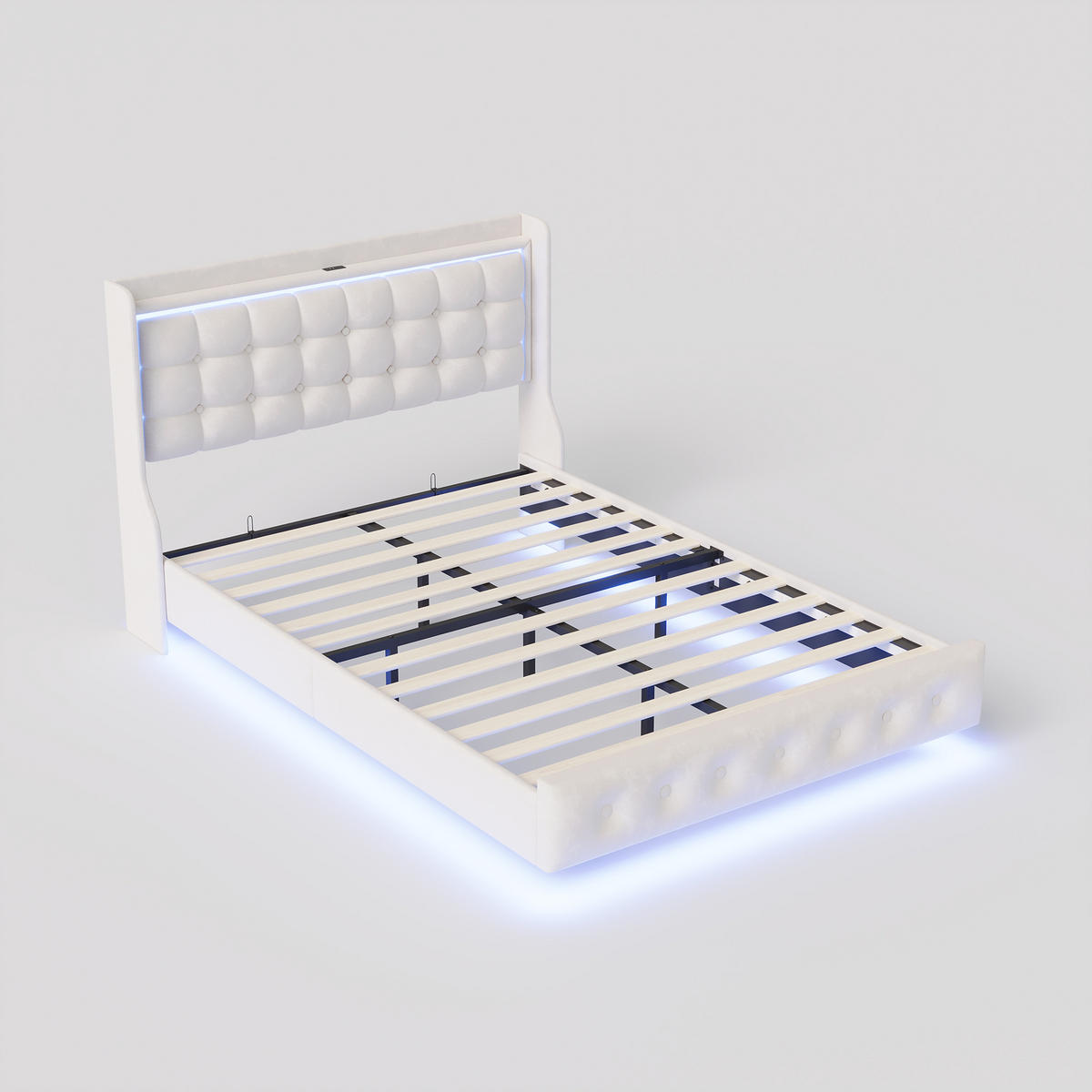 POLSTERBETT 140x200 cm Schwebebett mit LED & USB, Samtstoff Beige Doppelbett mit Lattenrost - Beige, Metall (140/200cm) - EuroLiving