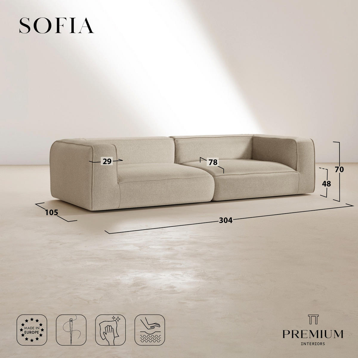 SOFA SOFIA Köpergewebe Grau 304cm - Grau, Textil (304/70/105cm) - Premium Interiors