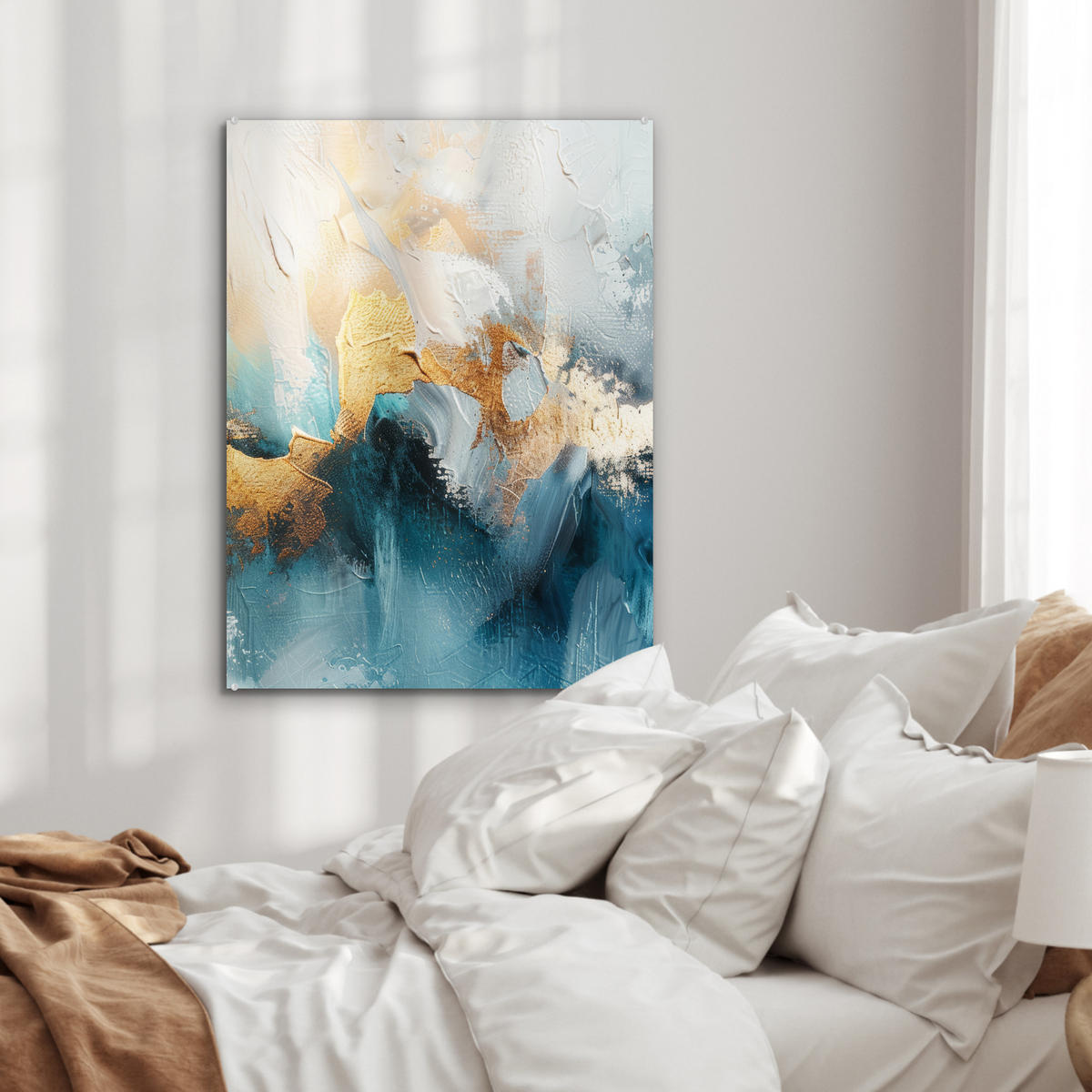 OBRAZ NA AKRYLOVOM SKLE Abstraktné - umenie - zlaté - modré 60x80 cm - petrolejová, sklo (60/80cm) - MuchoWow