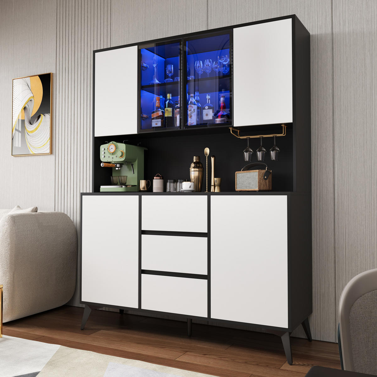 VITRINE LED Hochschrank Schwarz Weiß Glasfront 3 Schubladen - Multicolor, Holzwerkstoff (120/160/40cm) - FLIEKS