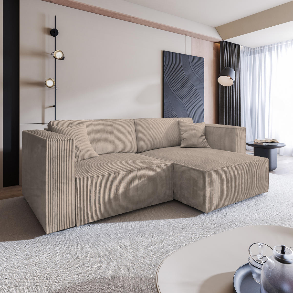 ECKSOFA NERIO P Beige Kordstoff mit Schlaffunktion - Beige, Holz (245/148cm) - MASSENO