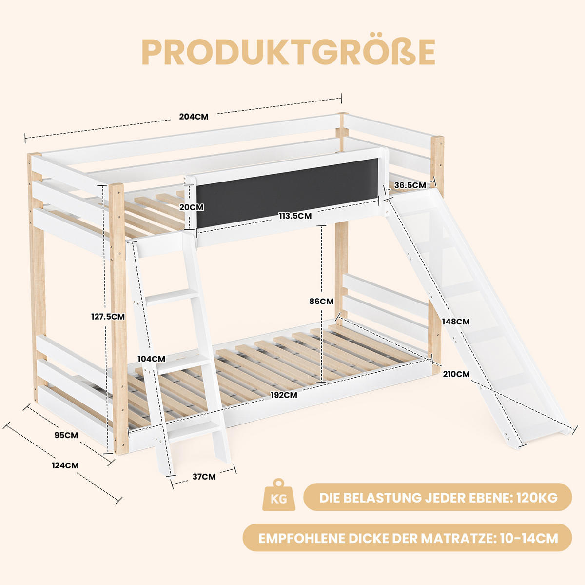 ETAGENBETT Weiß 90/200 cm mit Treppe und Rutsche - Weiß, Holz (90/200cm) - MIVRAY